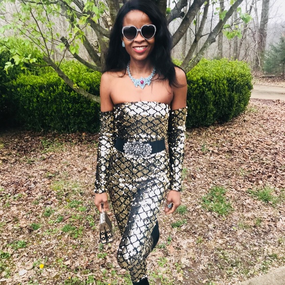 off the shoulder sequin jumpsuit